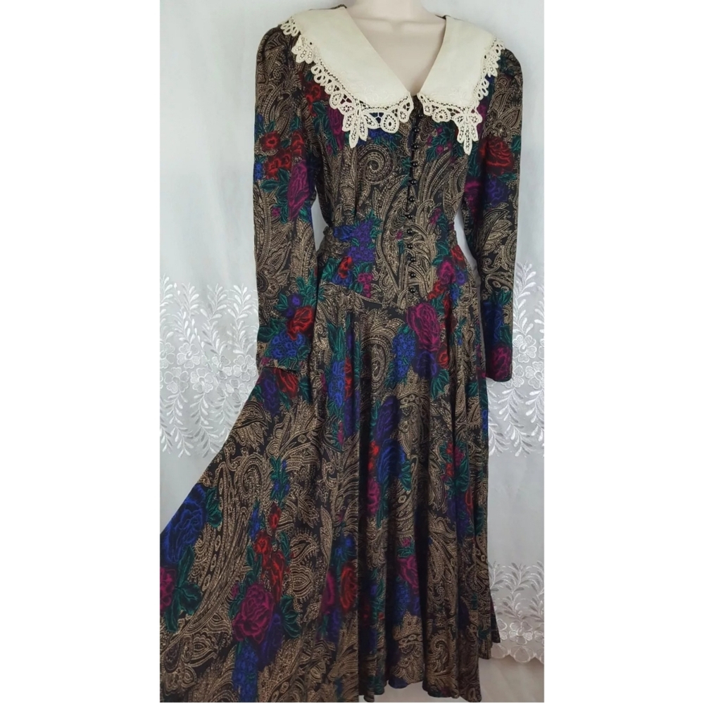 Vtg 80's Dress Dark Floral Paisley Button Front Lace Collar Cottagecore Prairie